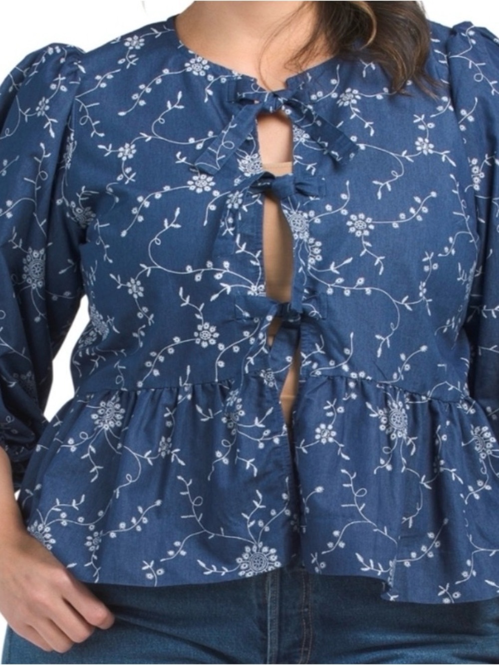 Navy Floral Tie-Front Peplum Blouse